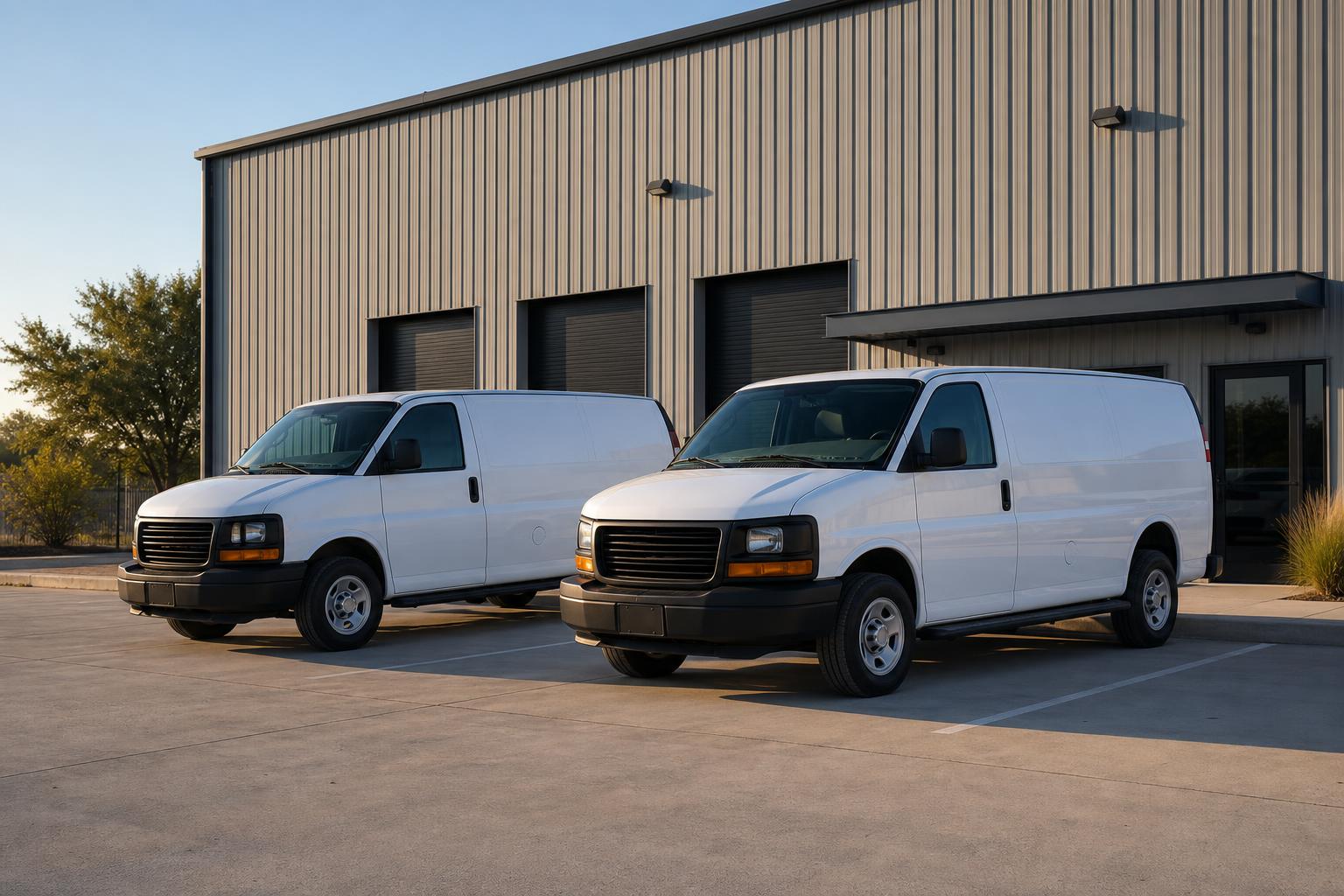 Commercial fleet of trucks at a business depot